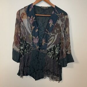 VTG Violet Kay Silk Blend Kimono Topper Blouse Women S Green Purple Boho Artsy